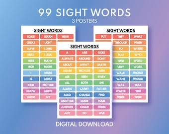Puede incluir: Tres carteles educativos con palabras de uso frecuente. Cada cartel presenta una cuadrícula de palabras en varios colores. El texto superior dice "99 SIGHT WORDS" y "3 POSTERS". La parte inferior de la imagen dice "DIGITAL DOWNLOAD".
