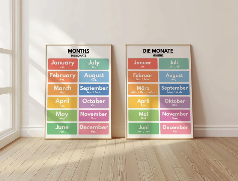 German Language, MONTHS of THE YEAR in German, 2 Posters Set, German ...