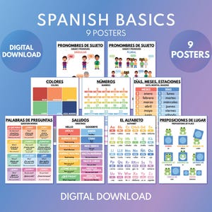 Spanish language, LEARN SPANISH BASICS - Set of 9 Posters, Grammar Charts, Spanish Classroom Decor, Educational poster, Digital Download