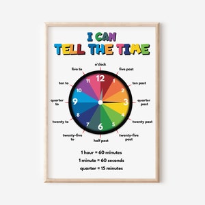 Lerne, die Zeit zu sagen, Lernposter, What Time Is It? Uhr, Lehrmittel, Regenbogenfarben, Klassenzimmer Dekor, bedruckbar, digitaler Download