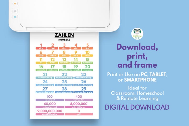 May include: A printable chart with German numbers 1 through 29, along with their written form, and larger numbers up to 9 billion. The chart has a rainbow colour scheme.