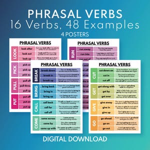 Peut inclure: Quatre affiches colorées présentant des verbes à particules, tels que "look after", "run away" et "cut down on". Chaque affiche contient 16 verbes et 48 exemples, avec une option de téléchargement numérique. Les affiches ont un fond dégradé.