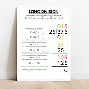 LONG DIVISION poster, print, Educational poster for kids, Math, Rainbow colors, Classroom Poster, Printable, digital download