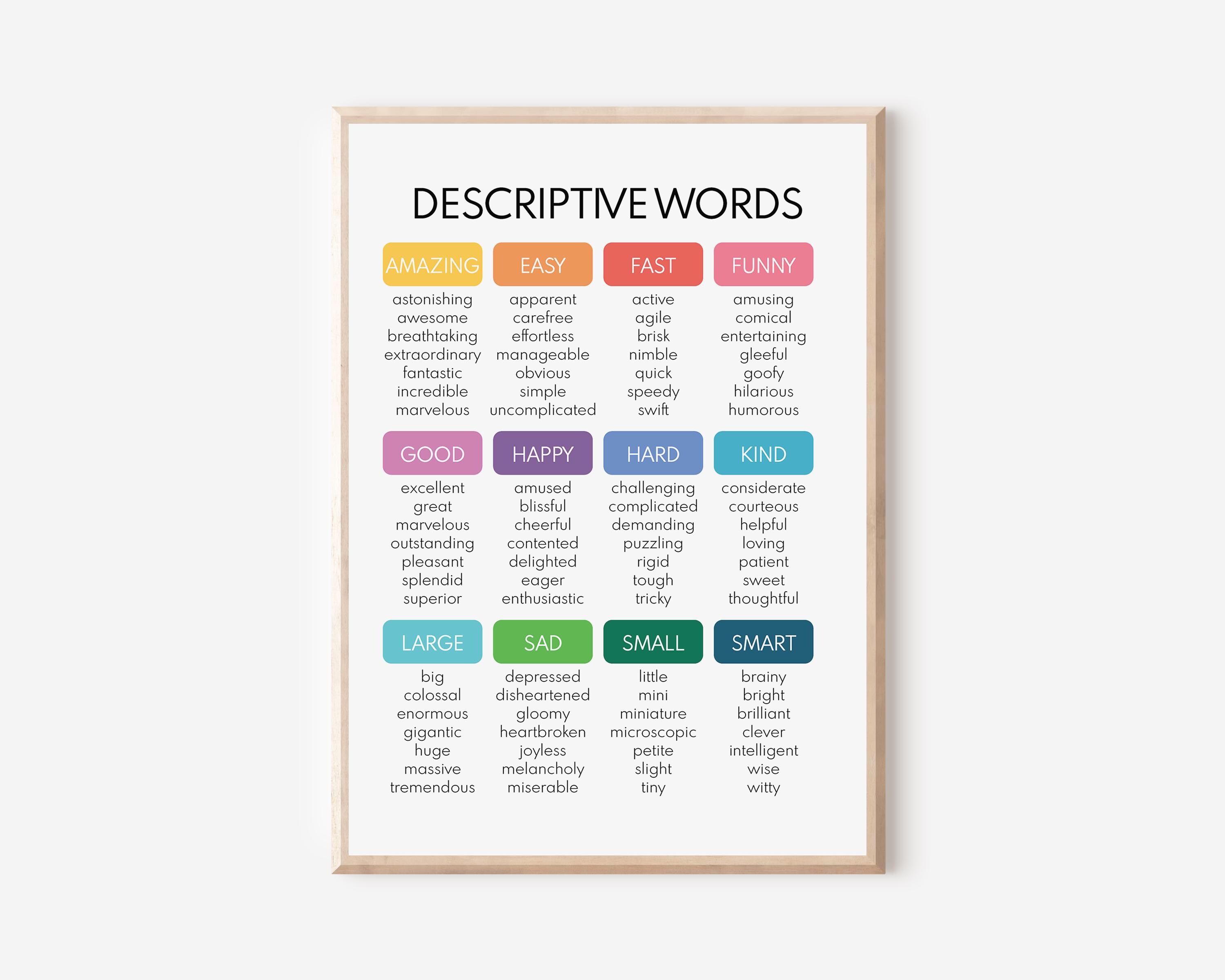 Discriptiv Poster DESCRIPTIVE WORDS POSTER, Grammar Chart for Homeschool, English ...