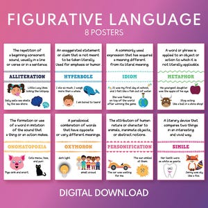 FIGURATIVE LANGUAGE - Set of 8 Posters, English Language, Classroom Posters, Homeschool, Educational posters, printable, digital download