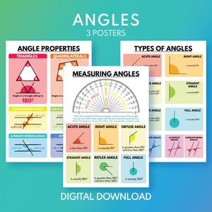ANGLES POSTERS SET, Types of Angles, Measuring Angles, Properties, Geometry, Educational poster, Math, Classroom Wall Art, digital download