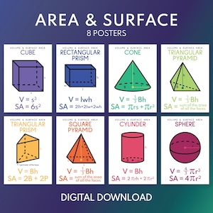 VOLUME and SURFACE AREA formulas posters set, Geometry, 3D Shapes, Educational posters, Classroom Wall Art, printable, digital download