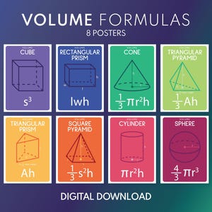 VOLUME FORMULAS set of 8 posters, 3D Geometry, 3D Shapes, Educational poster, Classroom Wall Art Poster, printable, digital download