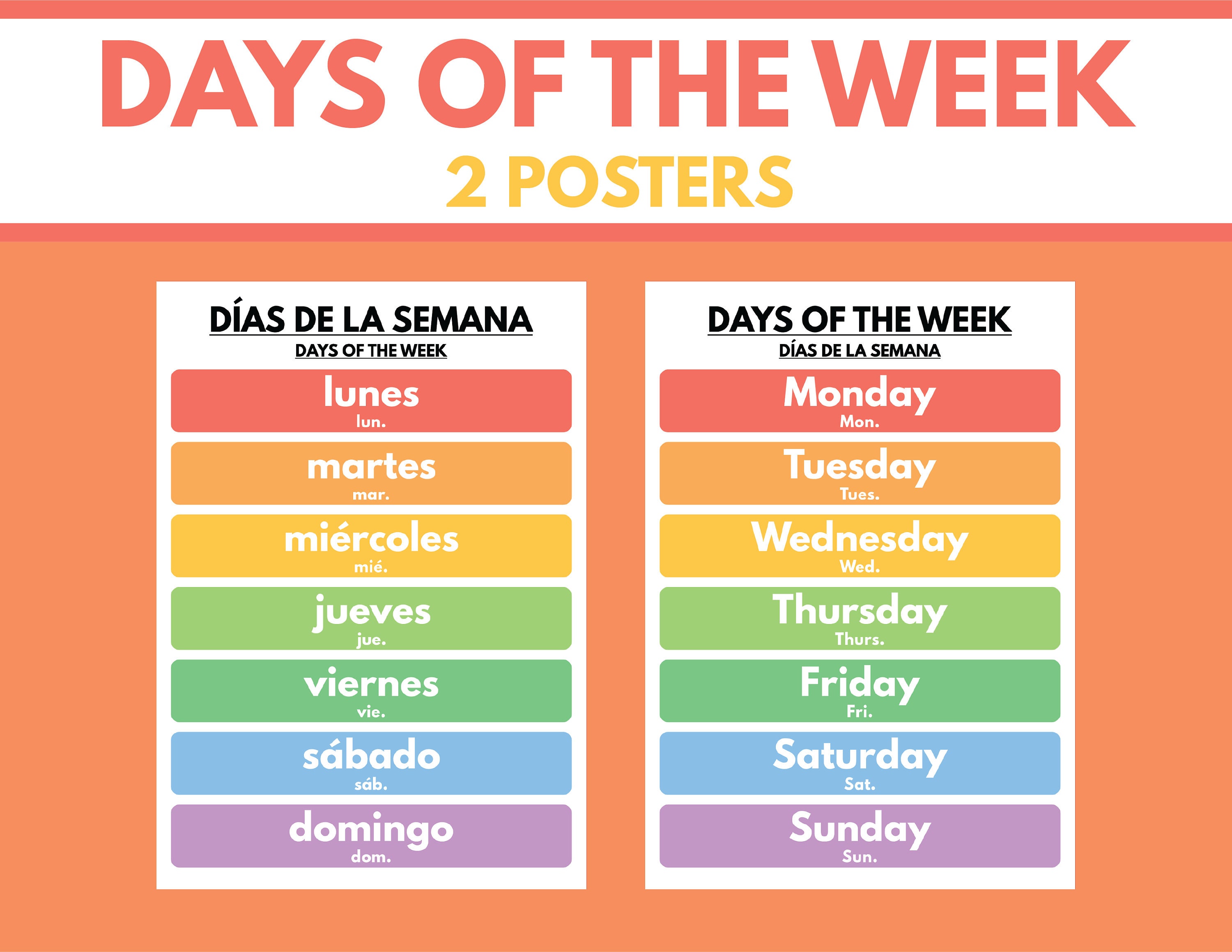 Les Jour De La Semaine En Espagnol Langue espagnole JOURS de LA SEMAINE en espagnol 2 affiches - Etsy France
