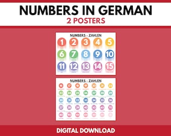 Duitse taal, NUMMERS POSTERSET - Set van 2 poster, klasdecor, Duits klaslokaal, educatieve poster, afdrukbaar, digitale download
