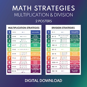 Estrategias de multiplicación y división - Juego de 2 carteles, carteles educativos para niños, enseñanza de matemáticas, póster para el aula, descarga digital