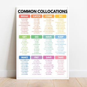 May include: A framed poster titled "Common Collocations" with a white border. The poster features a colorful grid of words, categorized by verbs like "Break," "Catch," and "Come." Each verb is followed by a list of associated phrases.