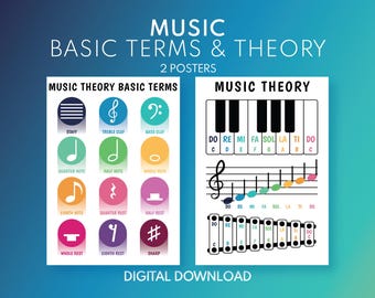 May include: Two music theory posters with the text "MUSIC BASIC TERMS & THEORY". One poster displays musical symbols and terms, the other shows a piano keyboard and musical notes. The words "DIGITAL DOWNLOAD" are at the bottom.