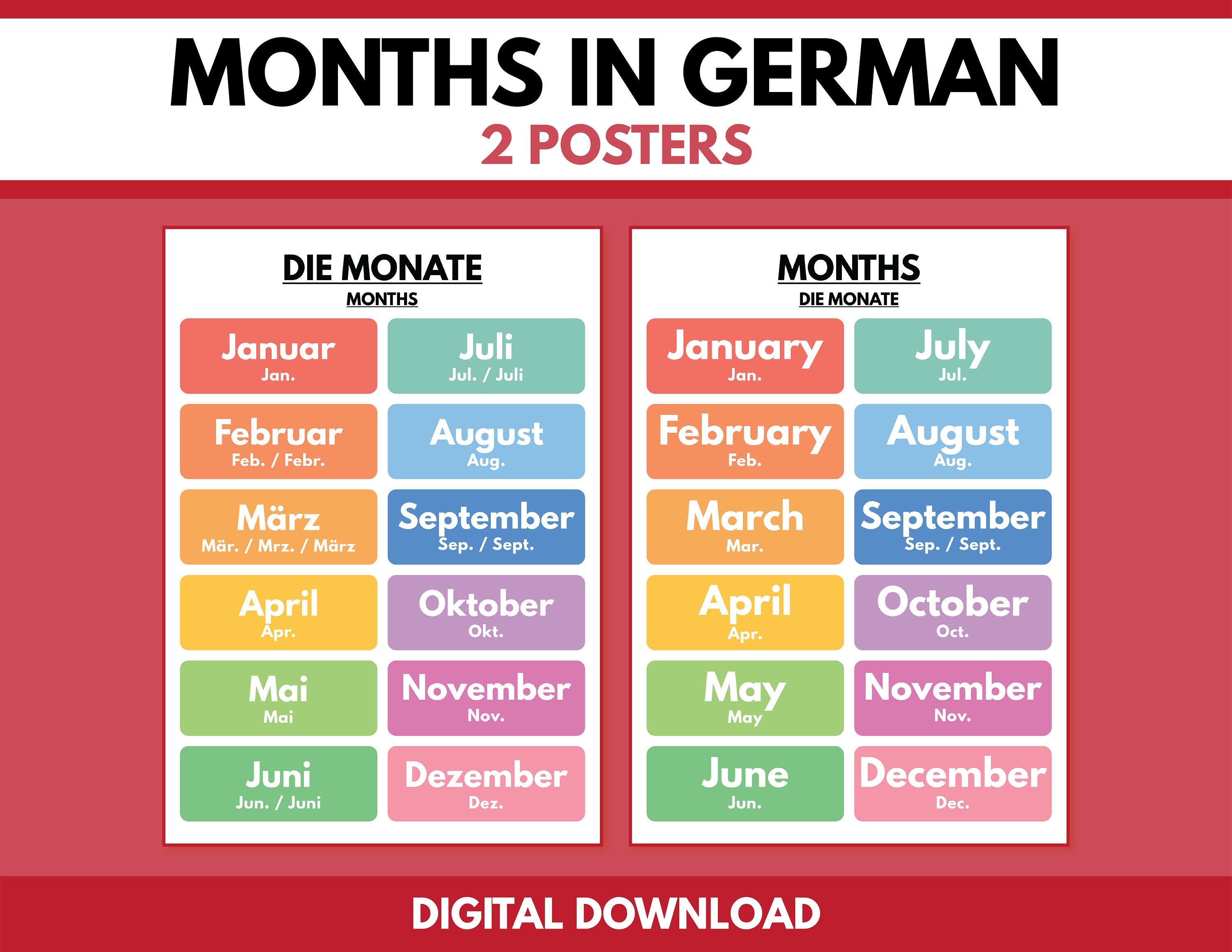 German Language, MONTHS of THE YEAR in German, 2 Posters Set, German Classroom Poster