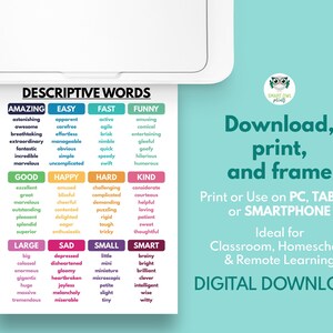 DESCRIPTIVE WORDS POSTER, English Language, Reference Guide ...