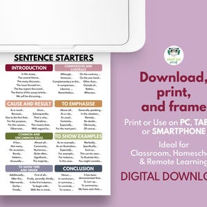 May include: A printed page from a printer with sentence starters for essays. The page is white with colored sections and text. The text includes "Introduction", "Cause and Result", and "Conclusion". The image also includes the text "Download, print, and frame".