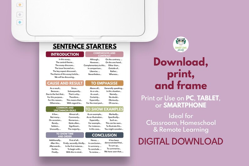 May include: A printed page from a printer with sentence starters for essays. The page is white with colored sections and text. The text includes "Introduction", "Cause and Result", and "Conclusion". The image also includes the text "Download, print, and frame".
