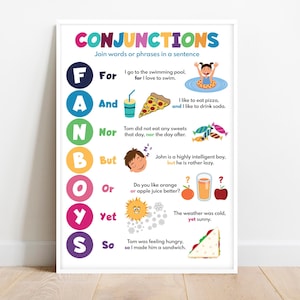 FANBOYS CONJUNCTIONS For Kids, Parts of speech, English Language Grammat Chart, Classroom Poster, Educational Poster, Digital Download