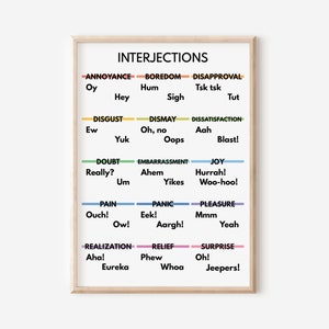 Könnte beinhalten: Ein gerahmter Druck mit dem Titel "INTERJECTIONS" und einer Liste von Wörtern, die nach Emotionen kategorisiert sind, wie "Annoyance", "Boredom" und "Disapproval". Die Wörter sind in verschiedenen Farben und Schriftarten.