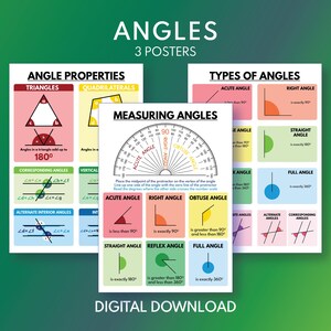 ANGLES POSTERS SET, Types of Angles, Measuring Angles, Properties, Geometry, Educational poster, Math, Classroom Wall Art, digital download