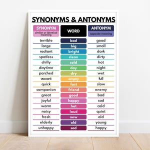 SYNONYMS & ANTONYMS POSTER, Vocabulary Chart, Homeschool, English Classroom Decor, Educational posters, printable, digital download