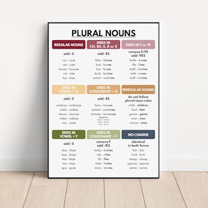 PLURAL NOUNS POSTER, Grammar Rules Chart for Homeschool, Classroom Wall Decor, Parts of Speech, Educational Poster, Digital Download