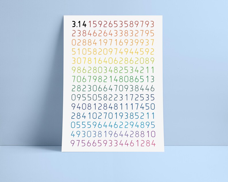 May include: A white poster featuring the number pi (3.14) printed in rainbow colours. The numbers are arranged in a vertical column, with each number in a different colour of the rainbow.