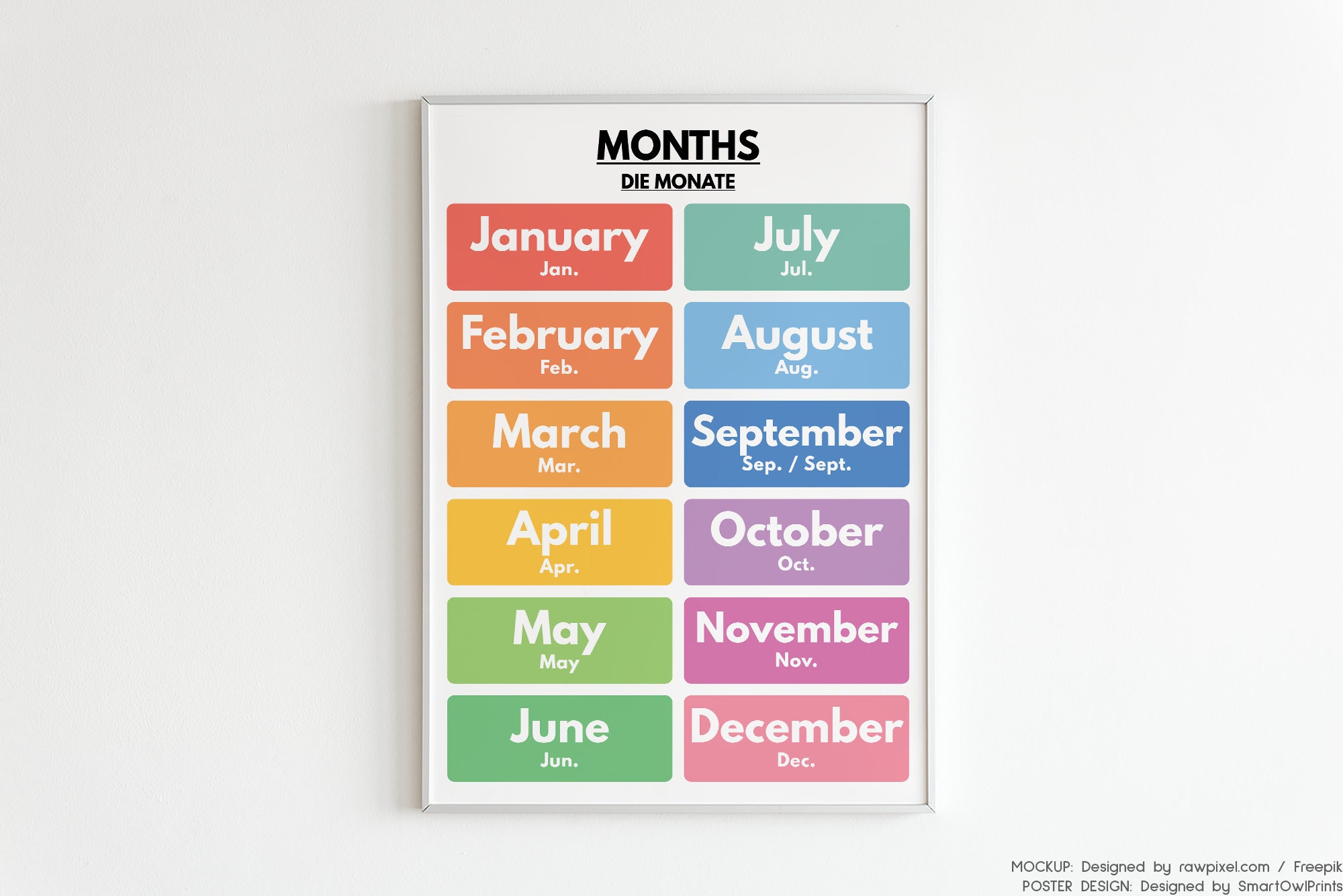 German Language, MONTHS of THE YEAR in German, 2 Posters Set, German