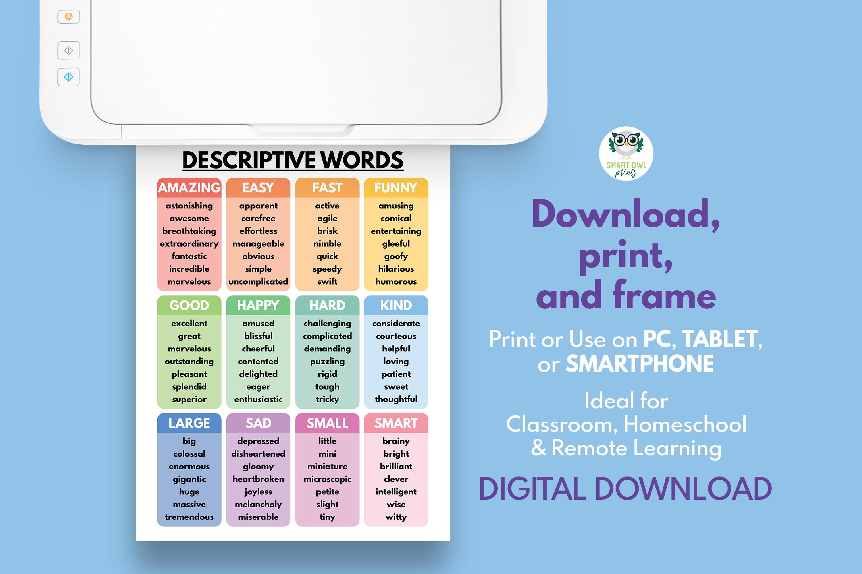 DESCRIPTIVE WORDS POSTER, Grammar Chart for Homeschool, English ...