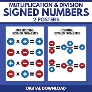 May include: Two posters on a blue background with the text "MUTLIPLICATION & DIVISION SIGNED NUMBERS 2 POSTERS". The posters show examples of multiplying and dividing signed numbers using plus and minus signs.