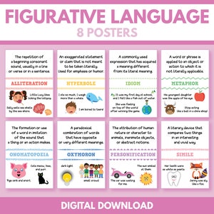 FIGURATIVE LANGUAGE - Set of 8 Posters, English Language, Classroom Posters, Homeschool, Educational posters, printable, digital download