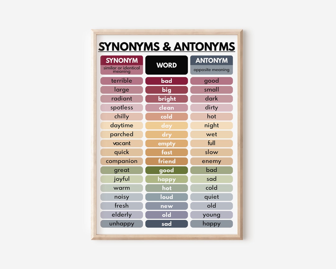 SYNONYMS & ANTONYMS POSTER, Vocabulary Chart, Homeschool, English Classroom Decor, Educational