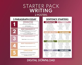 Sentence Starters & Essay Writing Posters - Set of 2 Posters, How to Write an Essay, English Classroom, Educational Poster, Digital Download