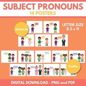 Spanish Language, SUBJECT PRONOUNS - Set of 14 Posters, Letter Size, Parts of speech, Classroom Educational Posters, Digital Download