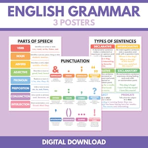 ENGLISH GRAMMAR POSTERS - 3er Set Poster, Englische Grammatik Anker Charts, Wanddekoration für Klassenzimmer, Lernposter, digitaler Download