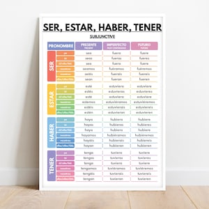 Spanish language, Subjunctive Froms - Ser, Estar, Haber, Tener, Verb Tenses, Grammar Chart, Classroom, Educational poster, Digital Download