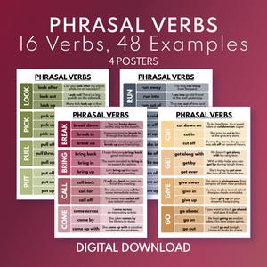 PHRASAL VERBS - 4er Set Poster, Englisch Vokabeln lernen, Grammatik Tabelle, Homeschool, Klassenzimmer Lernposter, Digitaler Download