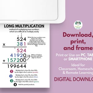 LONG MULTIPLICATION POSTER, Educational Poster for Kids, Math Classroom ...