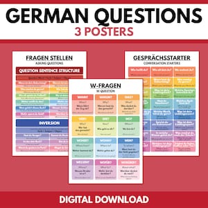 May include: Three colorful posters with German language learning resources. The posters feature the words "Fragen Stellen" (Asking Questions), "W-Fragen" (Wh-Questions), and "Gesprächsstarter" (Conversation Starters). Each poster has a grid of colorful squares with German question words and phrases.