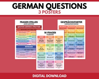 May include: Three colorful posters with German language learning resources. The posters feature the words "Fragen Stellen" (Asking Questions), "W-Fragen" (Wh-Questions), and "Gesprächsstarter" (Conversation Starters). Each poster has a grid of colorful squares with German question words and phrases.