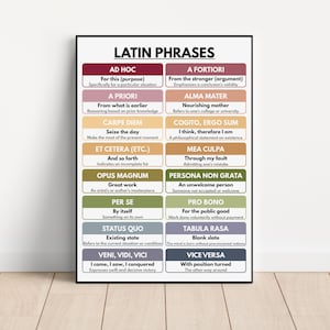 LATIN PHRASES POSTER, Vocabulary, Muted Colors, Chart for Homeschool, English Classroom Wall Decor, Educational Posters, Digital Download