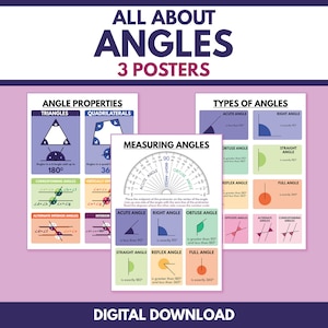 CONJUNTO DE CARTAZES DE ÂNGULOS: Tipos de ângulos + Medição de ângulos + Propriedades dos ângulos, Geometria, Cartaz educacional, Download digital