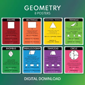 GEOMETRIE, VORMEN FEITEN - Set van 8 posters, educatieve posters, wanddecoratie klaslokaal, lesmateriaal wiskunde, afdrukbare, digitale download