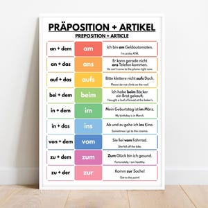 German language, ARTICLE + PREPOSITION POSTER, Grammar Chart, German Classroom Decorations, Educational posters, printable, digital download