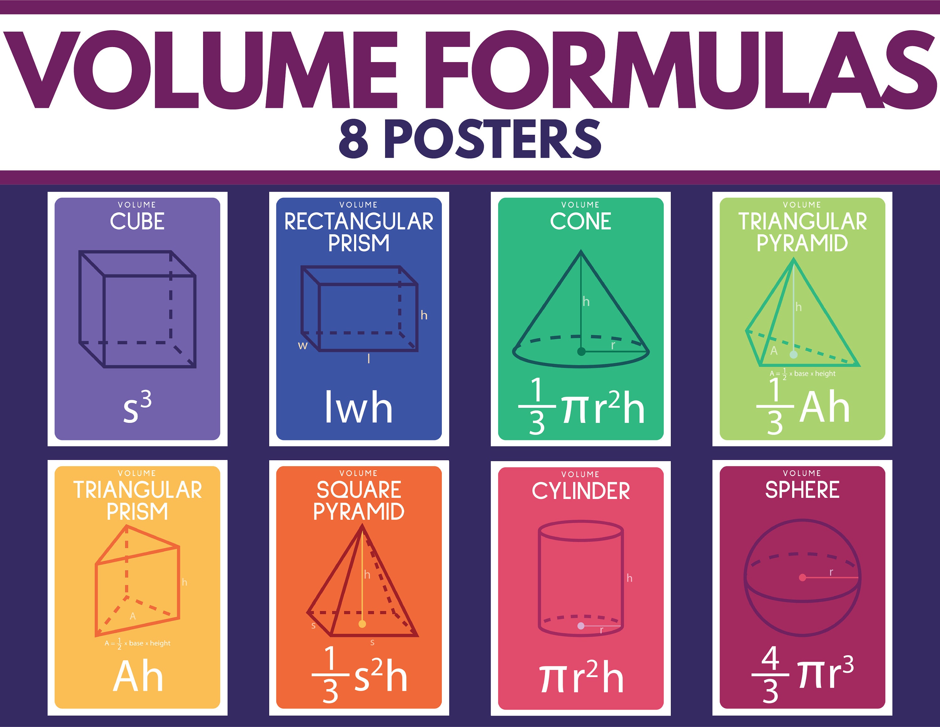 Volume formulas set of 8 posters 3d geometry 3d shapes etsy ireland