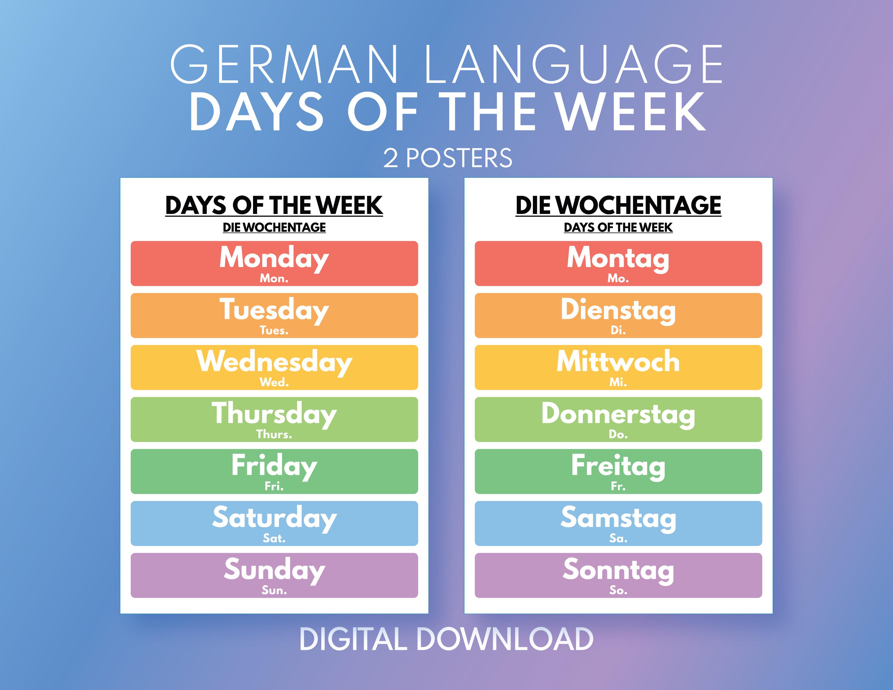 ドイツ語、ドイツ語の曜日、ポスター2枚セット、ドイツ語教室ポスター