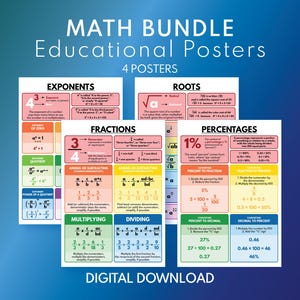Puede incluir: Un paquete de cuatro carteles educativos de matemáticas. Los carteles cubren exponentes, raíces, fracciones y porcentajes. Cada cartel tiene un diseño colorido con fórmulas matemáticas y explicaciones. El texto "DIGITAL DOWNLOAD" está en la parte inferior.