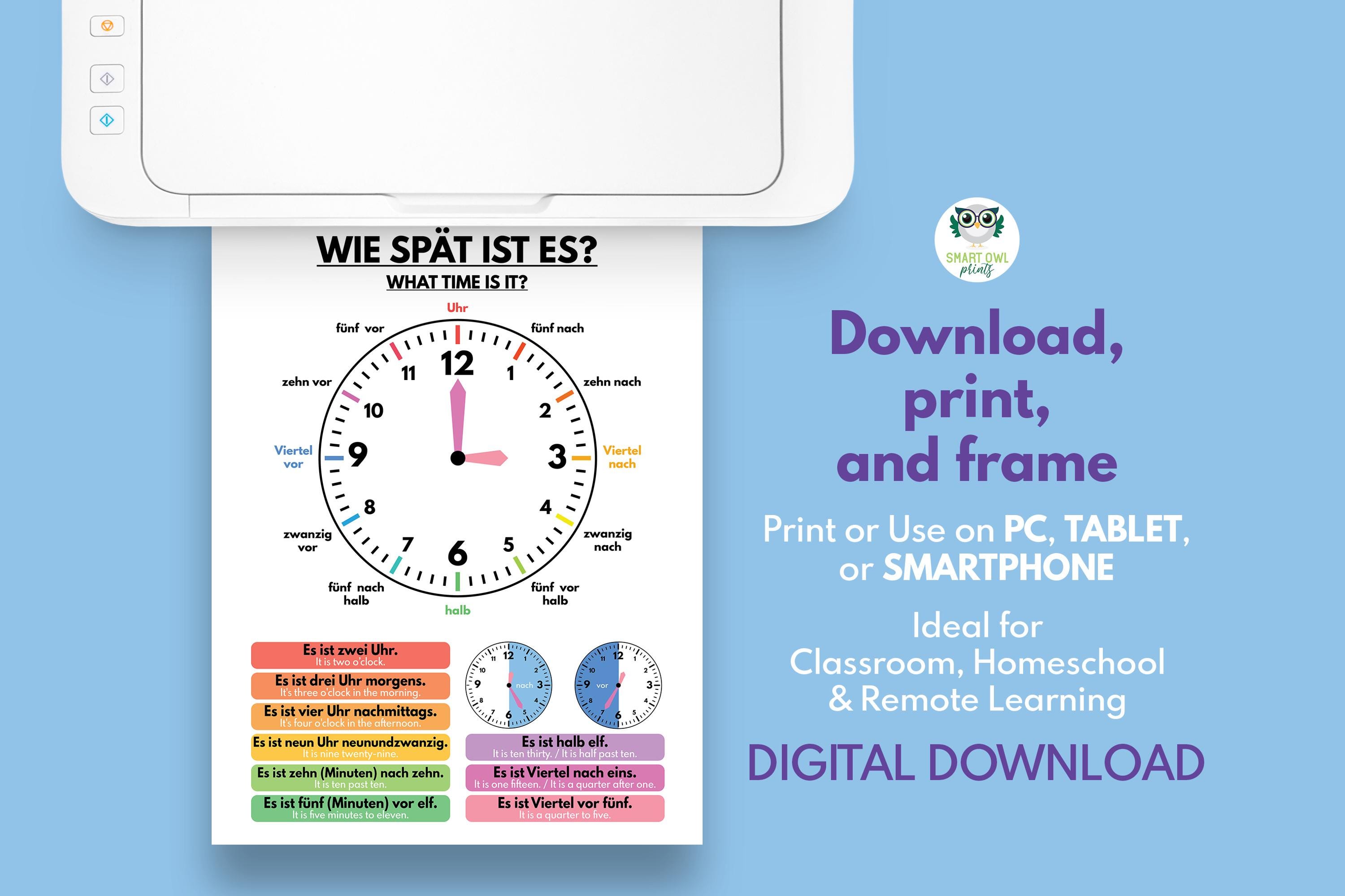 TELLING TIME POSTER, German Language, Educational Posters, What Time is ...