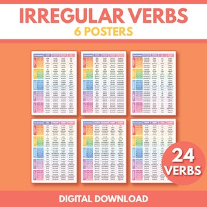 Spanish language, 24 IRREGULAR VERBS - Set of 6 Posters, Conjugation, Tenses, Grammar Chart, Classroom, Educational Poster, Digital download