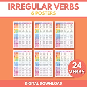 Spanish language, 24 IRREGULAR VERBS - Set of 6 Posters, Conjugation, Tenses, Grammar Chart, Classroom, Educational Poster, Digital download